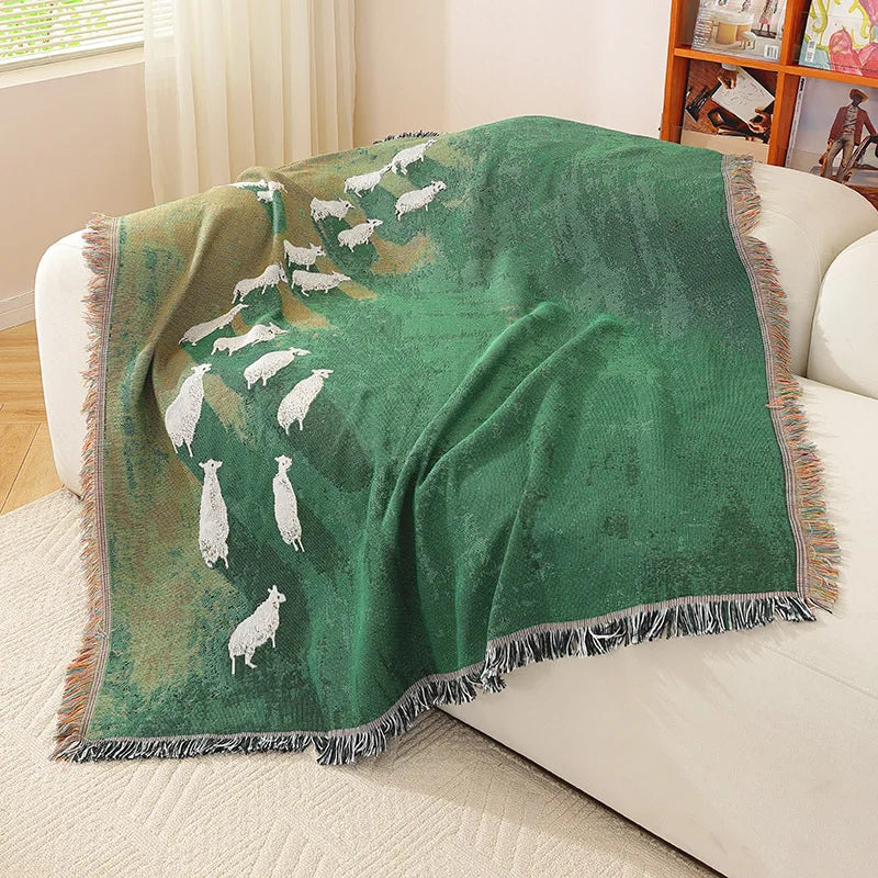 Textile City Sheep Herd Green Meadow Jacquard Woven Throw Blanket Whimsical Countryside Farm Animal Fringed Decor Sofa Blanket Pi-Mart