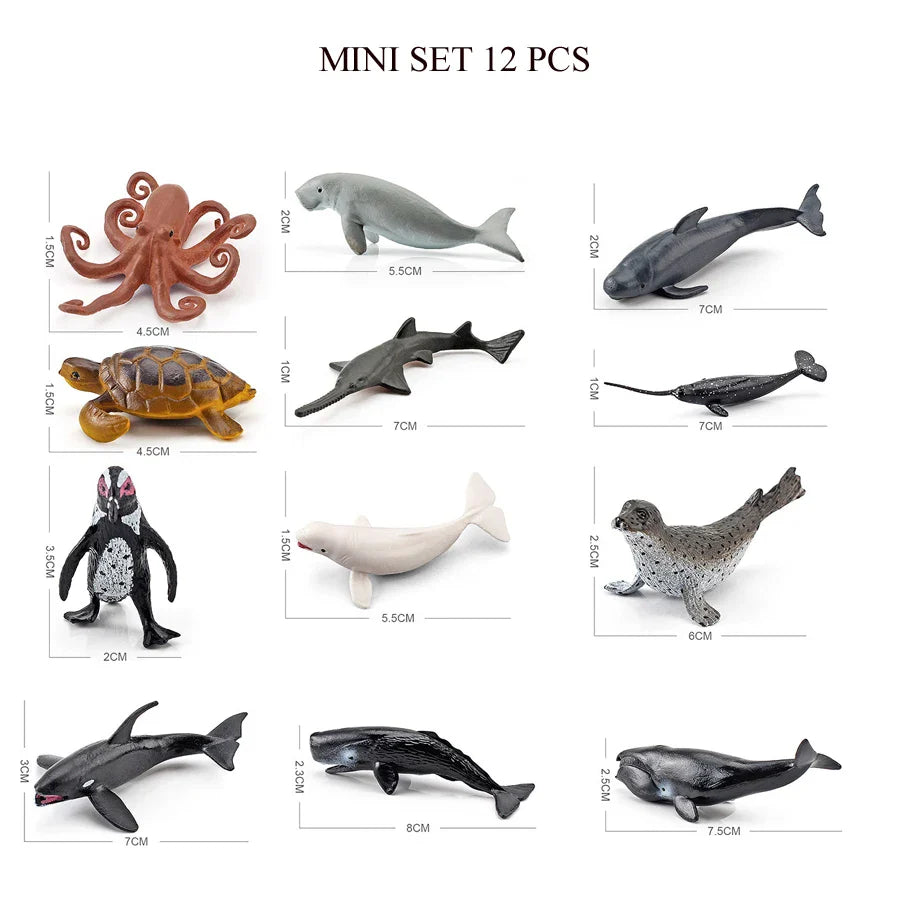 Realistic Mini Ocean Animal Figurines Plastic Marine Sea Creatures Whale Shark Dolphin Turtle Penguin Model Playset Gift for Kid LadyShow.Store