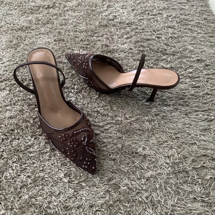 2026 String Bead Mesh Embroider Slingback High Heels Women Sexy Pointed Toe Heeled Sandals Summer Elegant Luxury Designer Shoes Pi-Mart