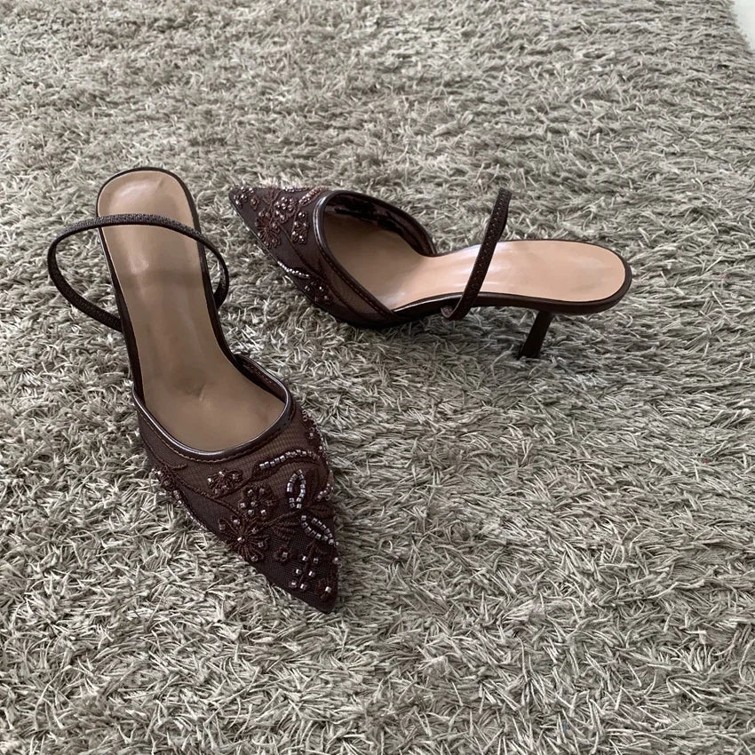 2026 String Bead Mesh Embroider Slingback High Heels Women Sexy Pointed Toe Heeled Sandals Summer Elegant Luxury Designer Shoes LadyShow.Store