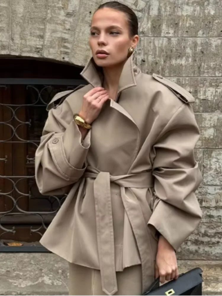 Fashion Women Lace Up Cropped Trench Coat 2026 Lapel Long Sleeves Wide Shoulder Windbreaker Jacket Lady Spring Commuting Outwear LadyShow.Store