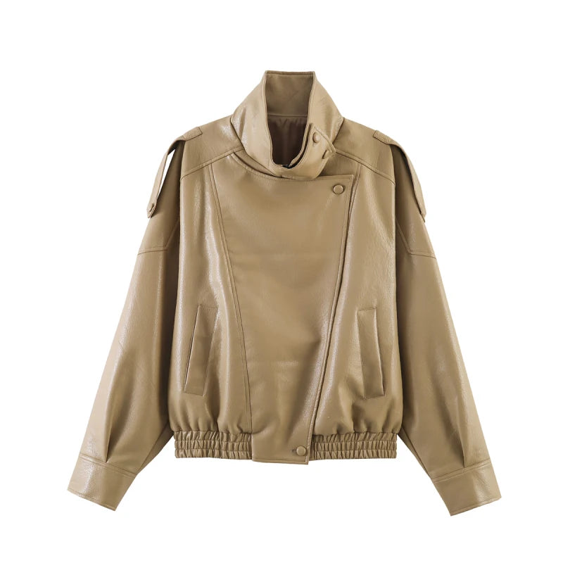 HH Autumn Faux Leather Jacket For Women Casual Solid Long Sleeve Zipper Pu Leather Coats New Fashion Female Streetwear Pi-Mart