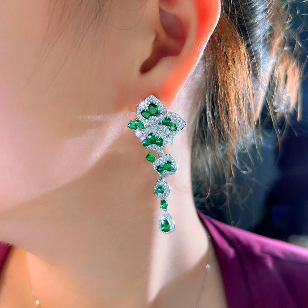 CWWZircons Elegant Green CZ Crystal Flower Water Drop Long Dangle Earrings for Women Beautiful Wedding Party Jewelry Gifts E1159 Pi-Mart