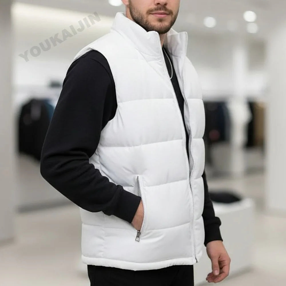 White Vest Jacket Men Slim Fit Stand Collar Sleeveless Puffer Jackets Spring Autumn Casual Waistcoat Men Warm Coat 2026 Trends Pi-Mart