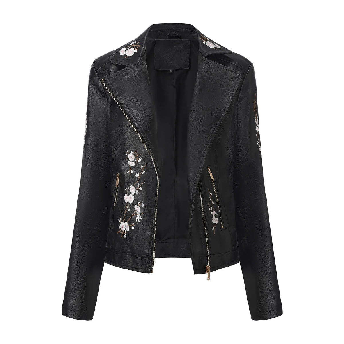 New Fall Women's Black Faux Leather Jacket; White Floral Embroidered PU Coat; Dark Brown Motorcycle-style Top. Pi-Mart