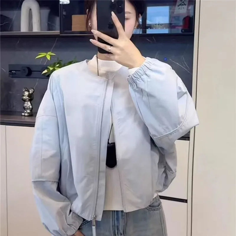 Korean Version Simple Women's Round Neck Solid Color Short Coat 2026 Spring New Female Casual Loose Jacket Joker Little Overwear Pi-Mart