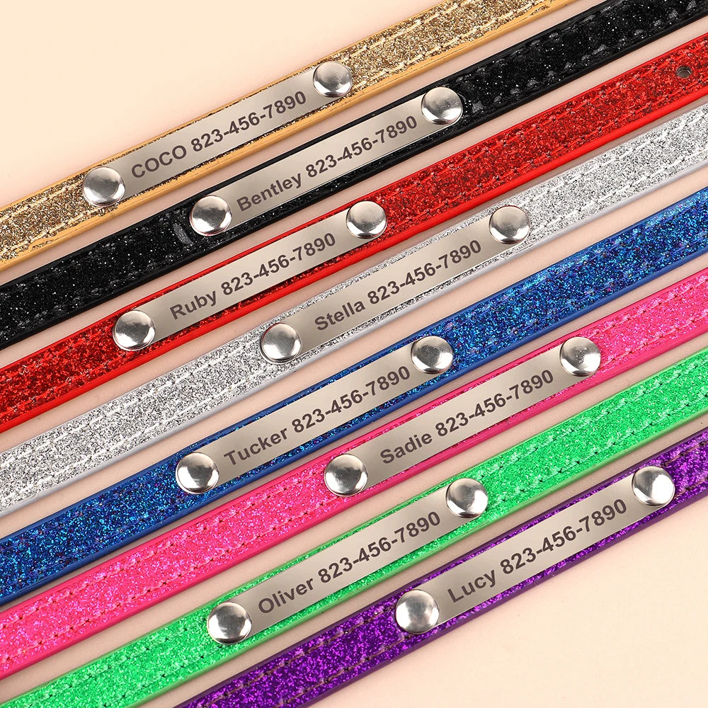 Personalized Cat Collar Custom Leather Cat Collars Free Engraved Puppy Kitten ID Necklace Bling Pet Collars for Small Dogs Cats Pi-Mart