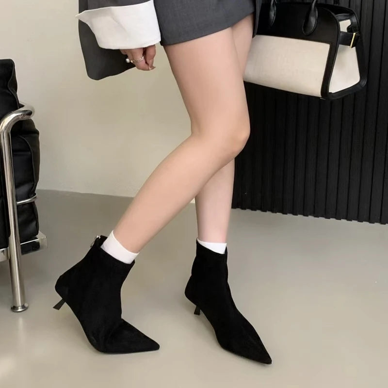 SUOJIALUN 2024 Winter New Brand Women Short Boots Fashion Pointed Toe Ladies Elegant Ankle Boots Thin High Heel Dress Pumps Shoe Pi-Mart