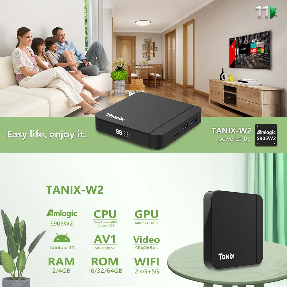 Tanix W2 Smart TV Box Android 11 Amlogic S905W2 4GB 64GB Support AV1 Dual Wifi  Media Player TVBOX Set Top Box 32GB 2GB 16GB Pi-Mart