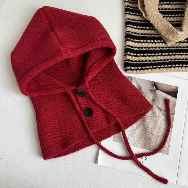 Winter Balaclava Hat Warm Knitted Women's Hood Hat Solid Color One-piece Neck Pullover Cap Outdoor Cashmere Caps Pi-Mart