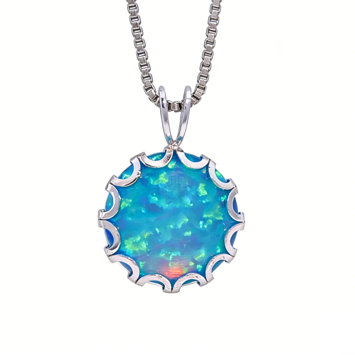 Wave Frame Opal Pendant Necklace,Round Blue Green Opal with Red Fire,White K Plated Floral Jewelry,Dainty Charms Gift for Women Pi-Mart