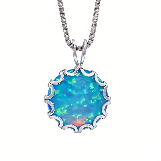 Wave Frame Opal Pendant Necklace,Round Blue Green Opal with Red Fire,White K Plated Floral Jewelry,Dainty Charms Gift for Women Pi-Mart
