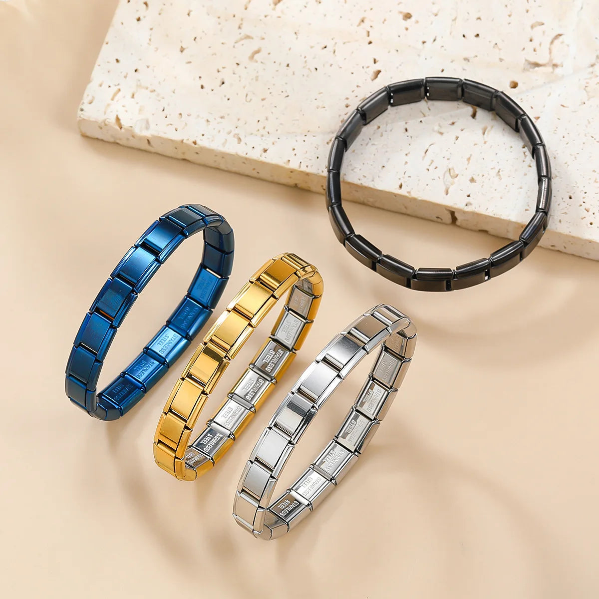 Trendy Square Italy Stainless Steel Bracelets For Women Men HipHop Metal Italian Modules Stretchable Gift Birthday Party Jewelry Pi-Mart