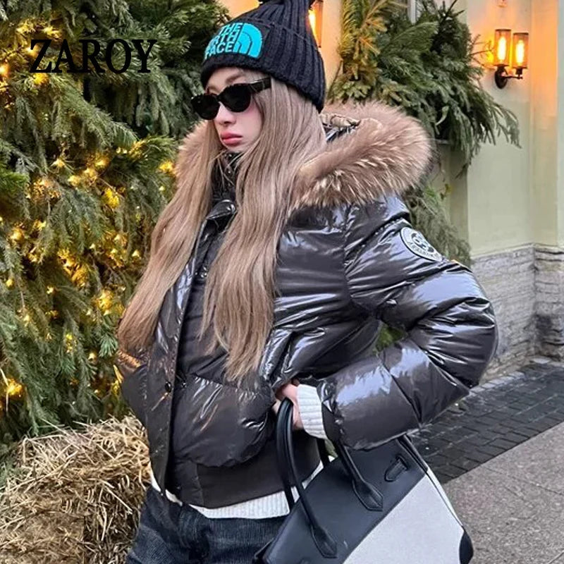 ZAROY Faux Fur Hooded Cotton Puffer Jacket Women Winter Quilted Zipper Pocket Coat Y2K Retro Padded Parkas High Street Outerwear LadyShow.Store