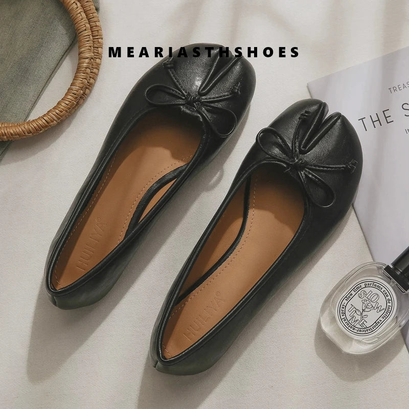 Spring Summer Microfiber Leather Split Toe Women Pumps Fashion bowknot Designer Low Heeled Tabi Soft Soles Loafers Casual Shoes LadyShow.Store