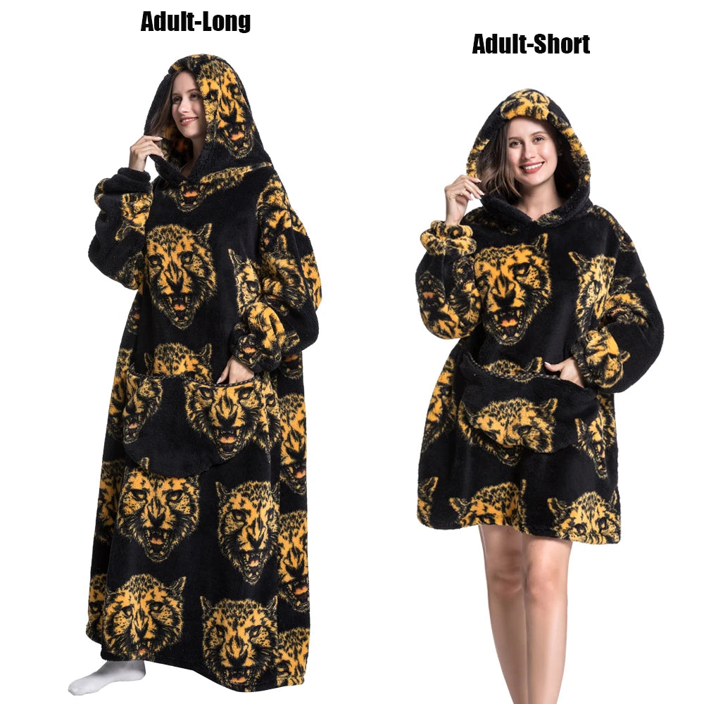Women Plush Fleece Blanket Men Warm Thick Hoodies Adult Giant TV Blanlets with Sleeves Super Long Cold-proof Homewear Pajamas Pi-Mart