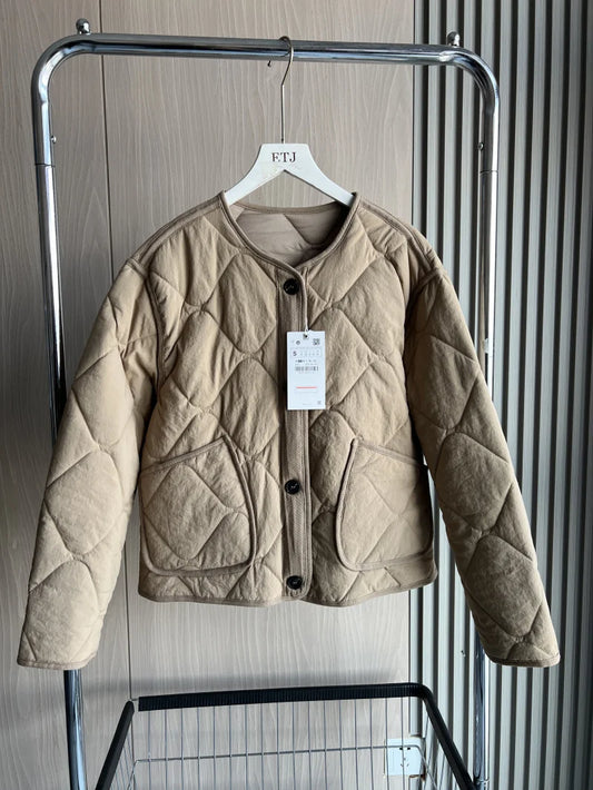 ETJ 2025  Spring new women's vintage crewneck quilted cotton-padded loose version of quilted casual jacket LadyShow.Store