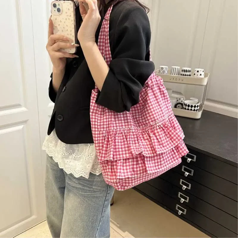 Large Capaci Cute Plaid Cotton Tote Bag  Lace Trim Women's Summer 2025 Simple Lady Handbag Soft Shoulder Bags Bolsa Feminina Pi-Mart