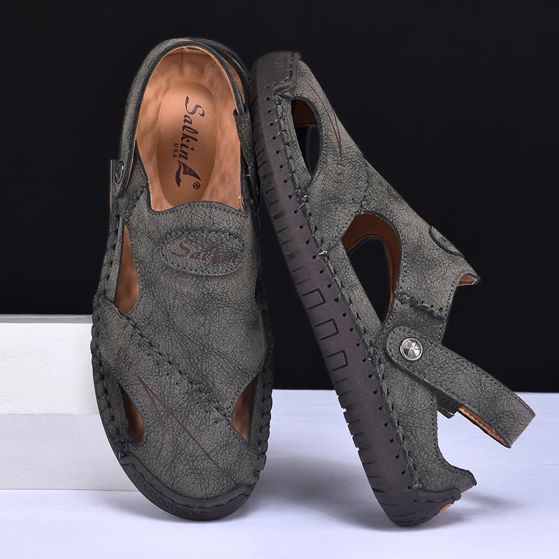 New Handmade Summer Sandals Men Breathable Leather Shoes Man Outdoor Men Sandals Antiskid Beach Sandals Hollow Shoes Fashion Pi-Mart