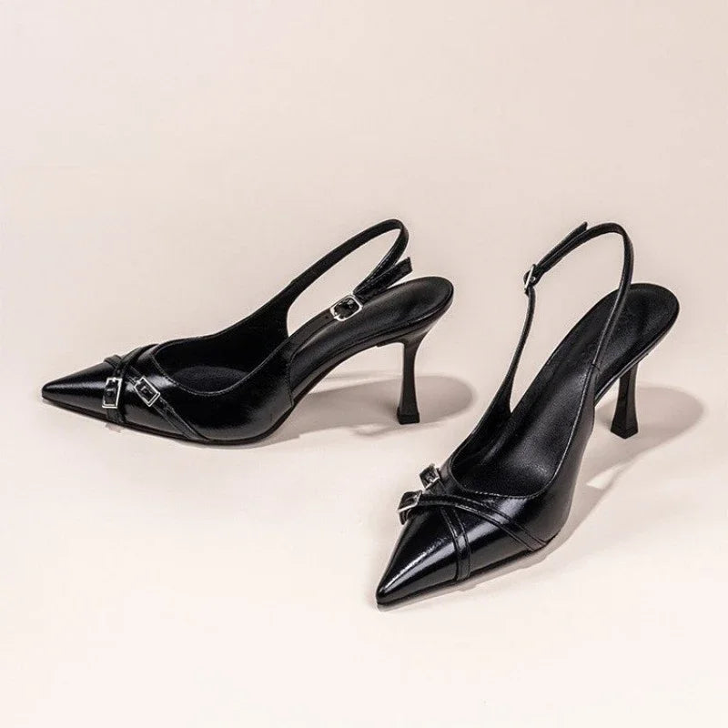 Fashionable Pointed Toe Shallow Mouth New High-heeled Shoes Summer Elegant Buckle Decorated Stiletto Black Women's Shoes NO:602 LadyShow.Store