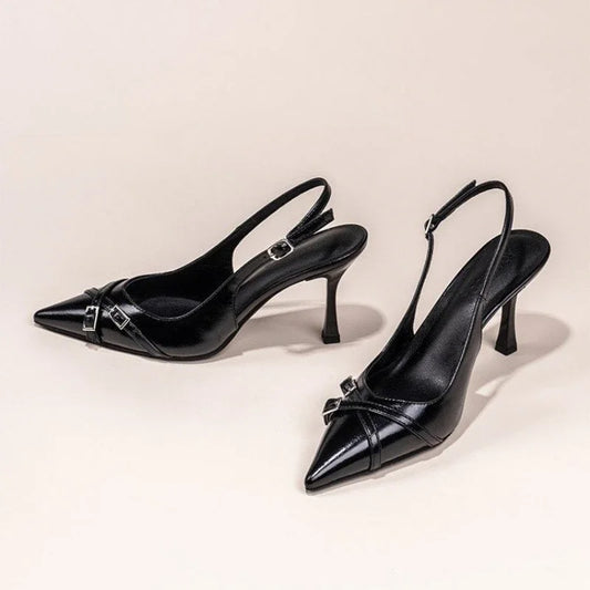 Fashionable Pointed Toe Shallow Mouth New High-heeled Shoes Summer Elegant Buckle Decorated Stiletto Black Women's Shoes NO:602 LadyShow.Store