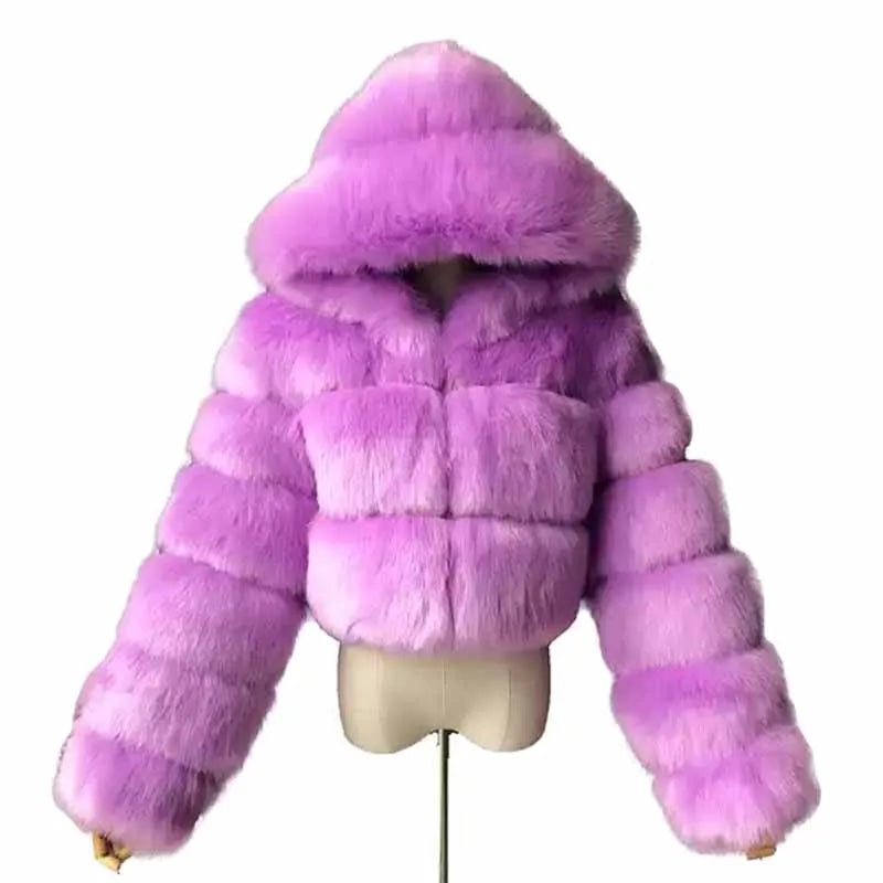 High Quality Furry Cropped Faux Fur Coats Jackets Women Fluffy Top With Hooded Winter Fur Jackets Fourrure Manteau Femme JH137 Pi-Mart