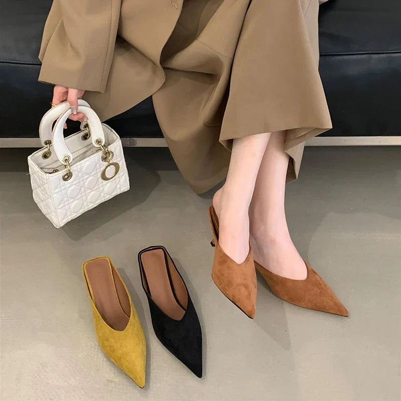Summer Fashion Thin Mid Heels Women Slippers Elegant Pointed Toe Party Dress Mule Slides Shoes Zapatos Mujer LadyShow.Store