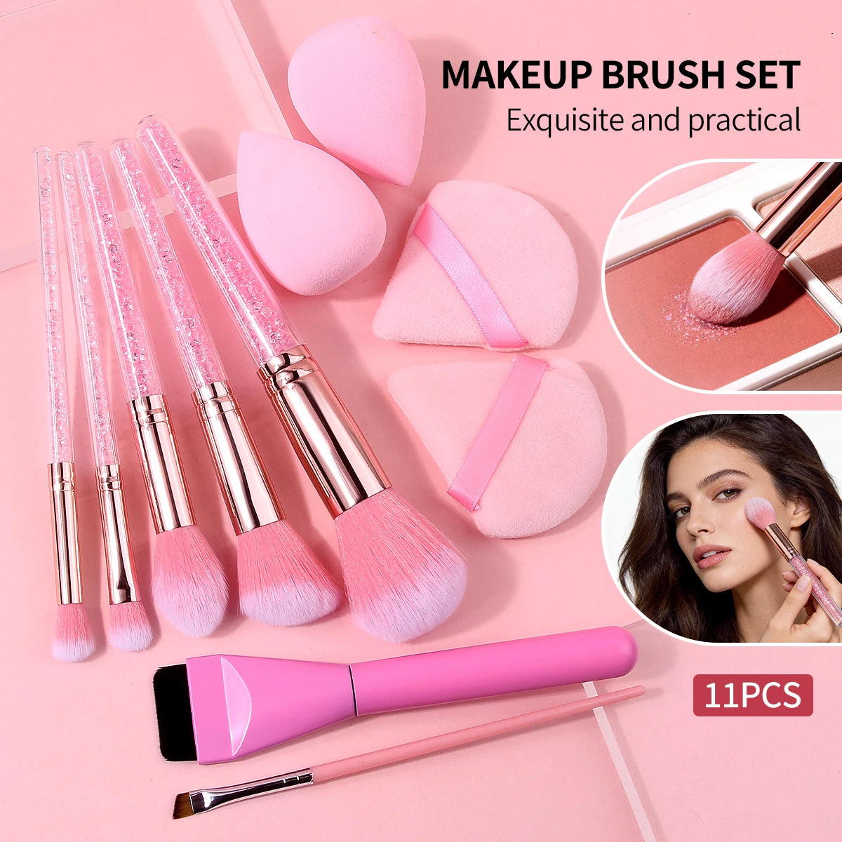 11Pcs Pink Makeup Brush Set with Sponge & Puff, Professional Glitter Handle Brushes for Foundation, Eyeshadow, Blush, Full Face Pi-Mart