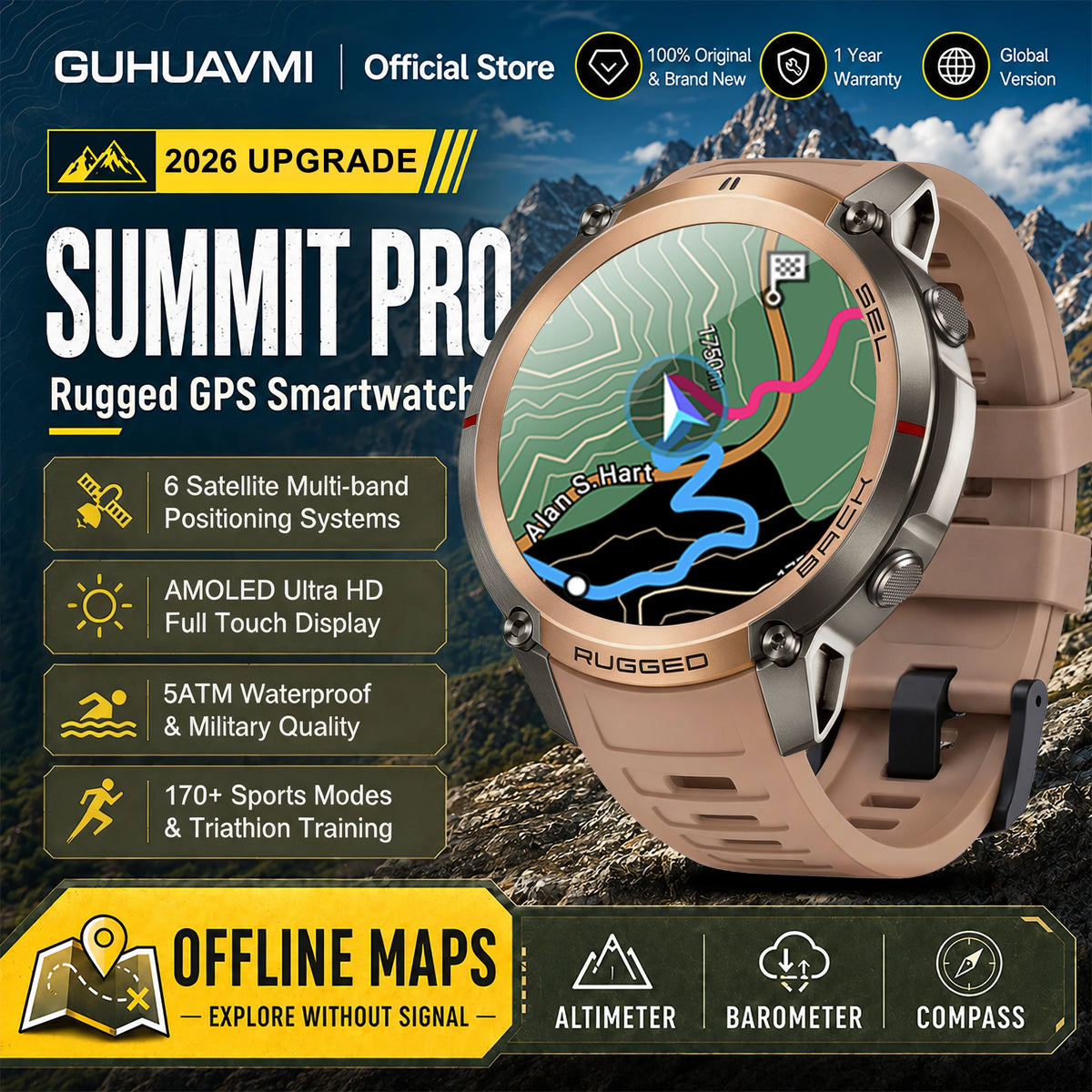 2026 Military Satellite Offline Map GPS Smart Watch Men 1.43''AMOLED Bluetooth Call Compass 5ATM Waterproof 170+Sport Smartwatch Pi-Mart