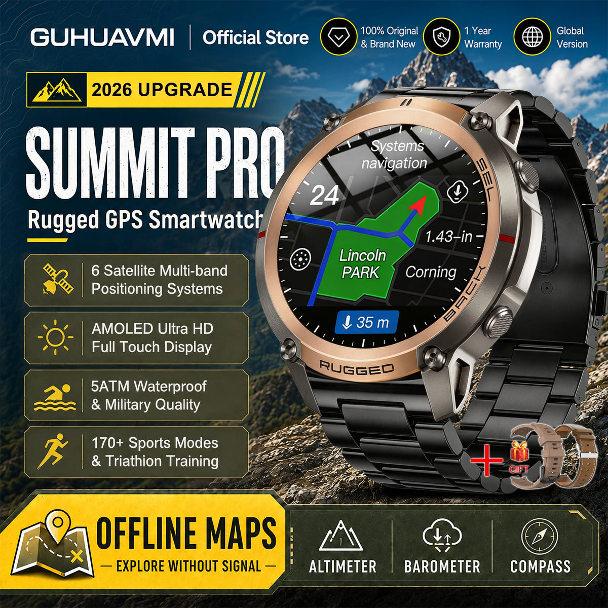 2026 Military Satellite Offline Map GPS Smart Watch Men 1.43''AMOLED Bluetooth Call Compass 5ATM Waterproof 170+Sport Smartwatch Pi-Mart