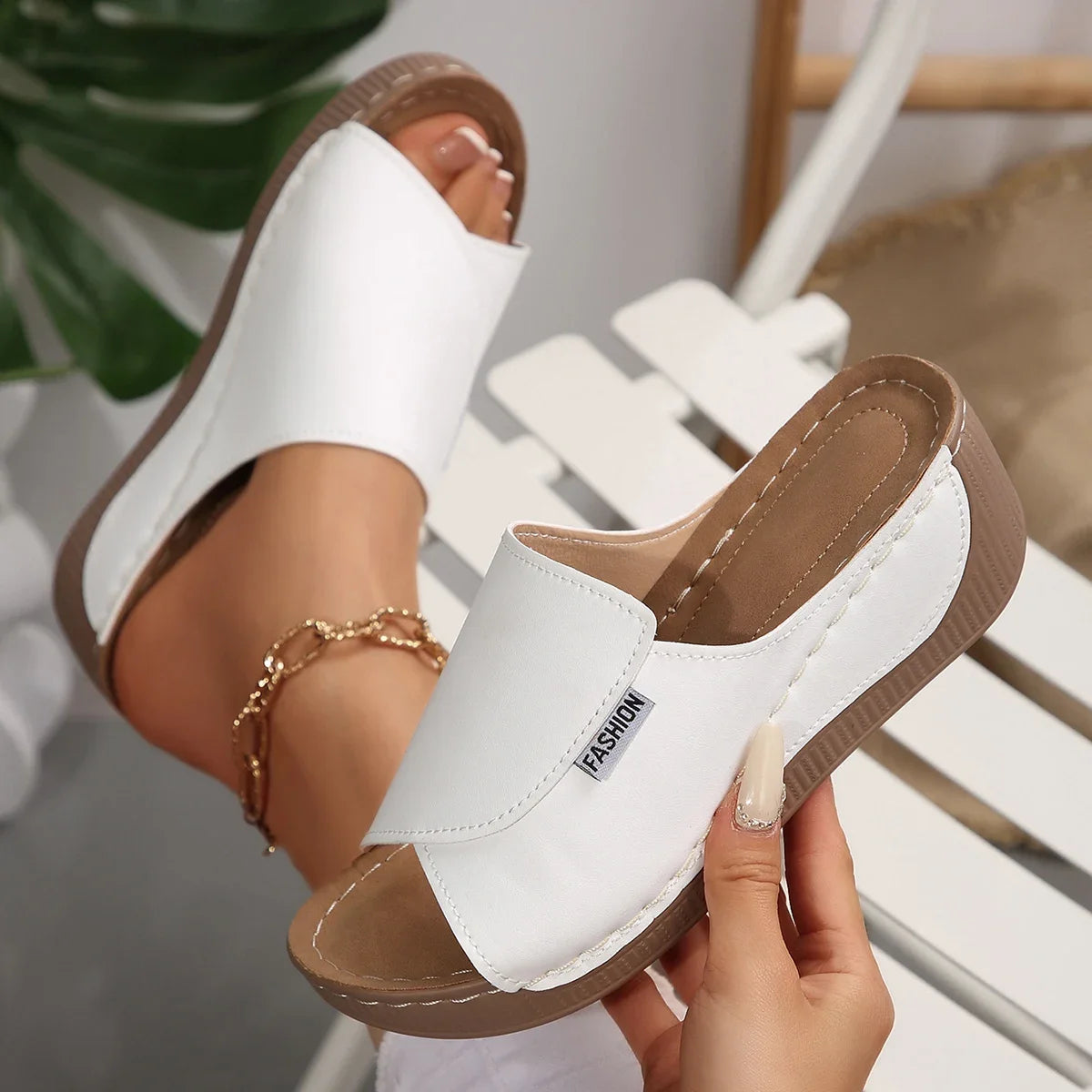 Women Wedge Slippers Summer 2025 New Fashion Slippers Open Toe Breathable Sandals Comfortable Buckle Woman Shoes Slides Women Pi-Mart