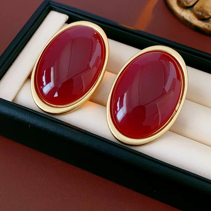 Anchor Red Geometric Oval Stud Earrings for Women Personality Versatile Resin Earrings Simple Fashion Jewelry Wholesale Gifts N1 Pi-Mart