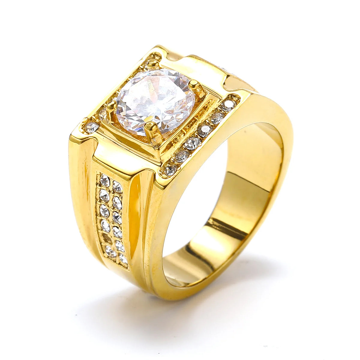 Keisha Lena AAAAA Zircon Men Ring Stainless Steel 18K Gold Plated Engagement Rings For Man Jewelry Waterproof Allergy-Resistant Pi-Mart