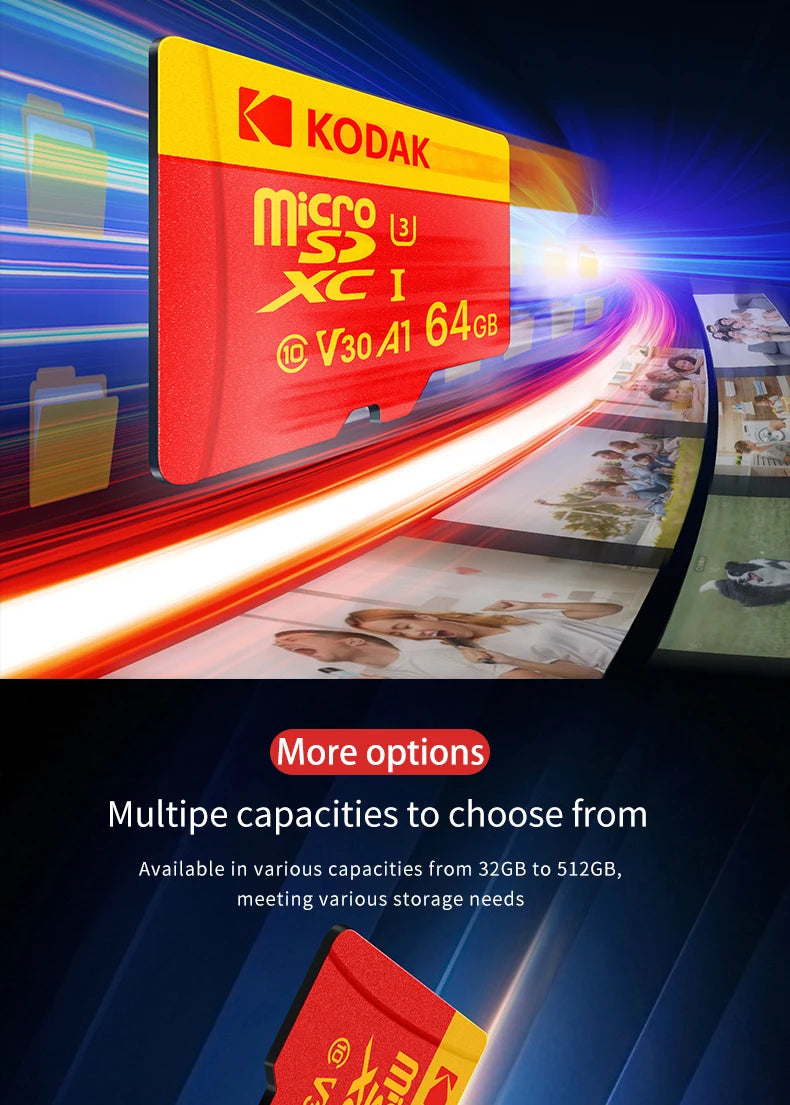 KODAK 128GB Micro SD Card U3 V30 256GB 64GB 32GB 4K High Speed TF Card for Phone Camera Drone Original TYPE-C Reader Pi-Mart