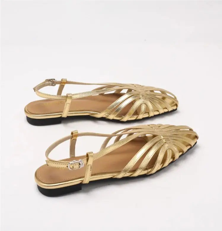 ZAROY Narrow Band Women Flat Sandals Large Size Designer Brand Banquet Wedding Shoes Summer Hollow Beach Gladiator Sandalias LadyShow.Store