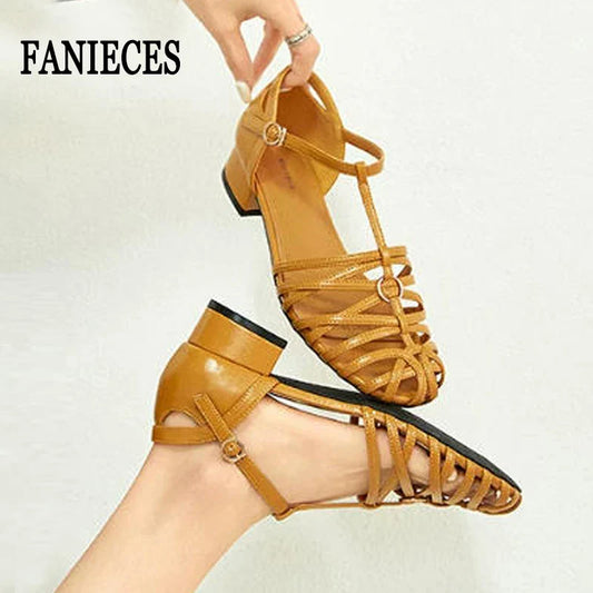 Plus Size Women Roman Sandals Woven Chunky Heel Closed Toe Ankle Strap Hollow Vintage Fashion Dress Beach Gladiator Sandalias LadyShow.Store