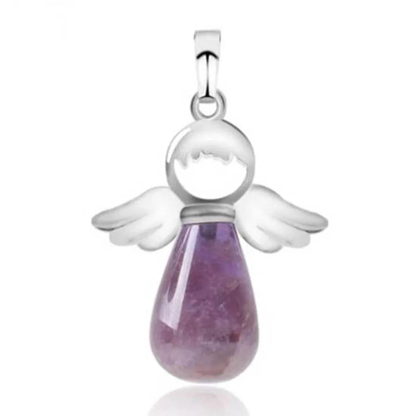 Angel Wing Crystal Stone Pendants For Women Necklace DIY Natural Amethyst Rose Quartz Water Drop Necklace Jewelry No Chain Pi-Mart