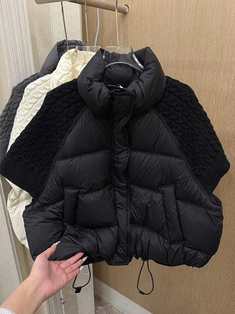 Short Puffer Jacket Sleeveless Duck Down Coat Warm Lightweight Patchwork Knitted Warm Drawstring Short Puffer Down Waistcoat LadyShow.Store