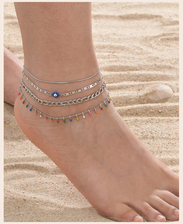 Silver Color Anklet Bracelets for Women Waterproof, Stainless Steel Layered Cuban Chain Herringbone Anklets Summer Beach Gift Pi-Mart