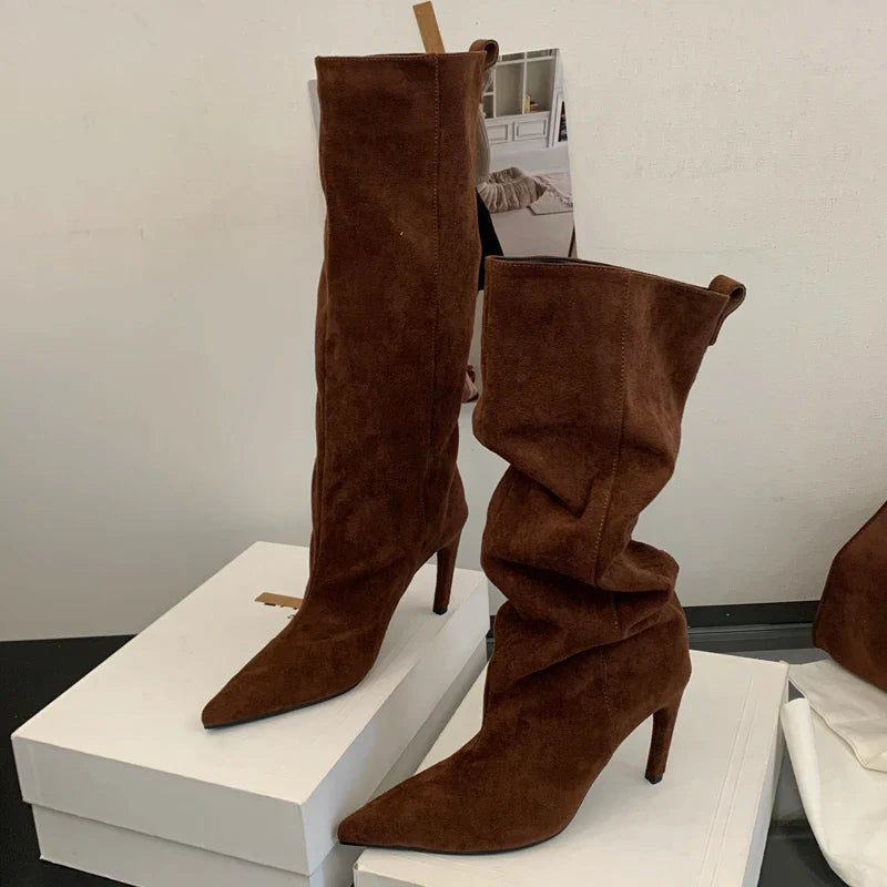 Aneikeh Fashion Winter Pointed Toe Knee-High Women Boots Thin Heels Shoes Female Punk Long Booties Zapatos De Muje LadyShow.Store