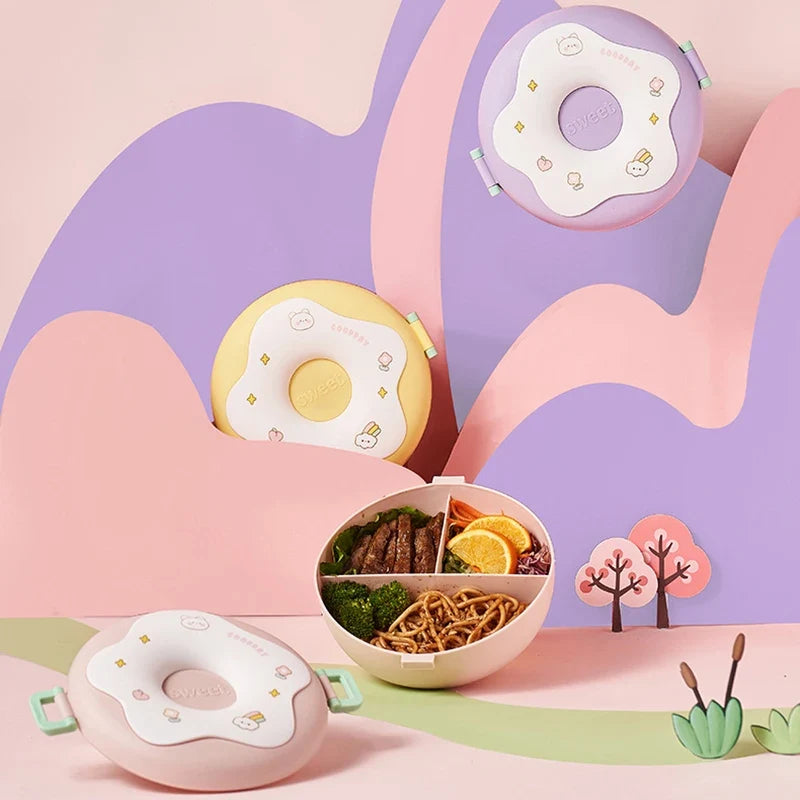 Lunch Box For Kid School Child Snack Box Donut Cartoon Leakproof Bento Box Lunch Bags With Fork Spoon 3 Compartment Microwavable LadyShow.Store