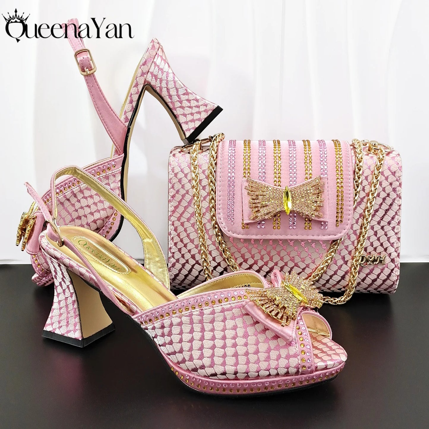 QueenaYan 2026 New Italian Pumps and Bag To Party  INS Style Open-Toe Rhinestone Elegant High Heels for Women Party Pi-Mart