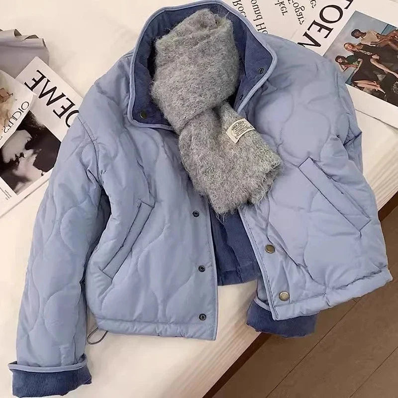 MEXZT Corduroy Parka Women Fashion Patchwork Puffer Jacket Winter Korean Down Coats Long Sleeve Casual Cotton Padded Outerwears LadyShow.Store