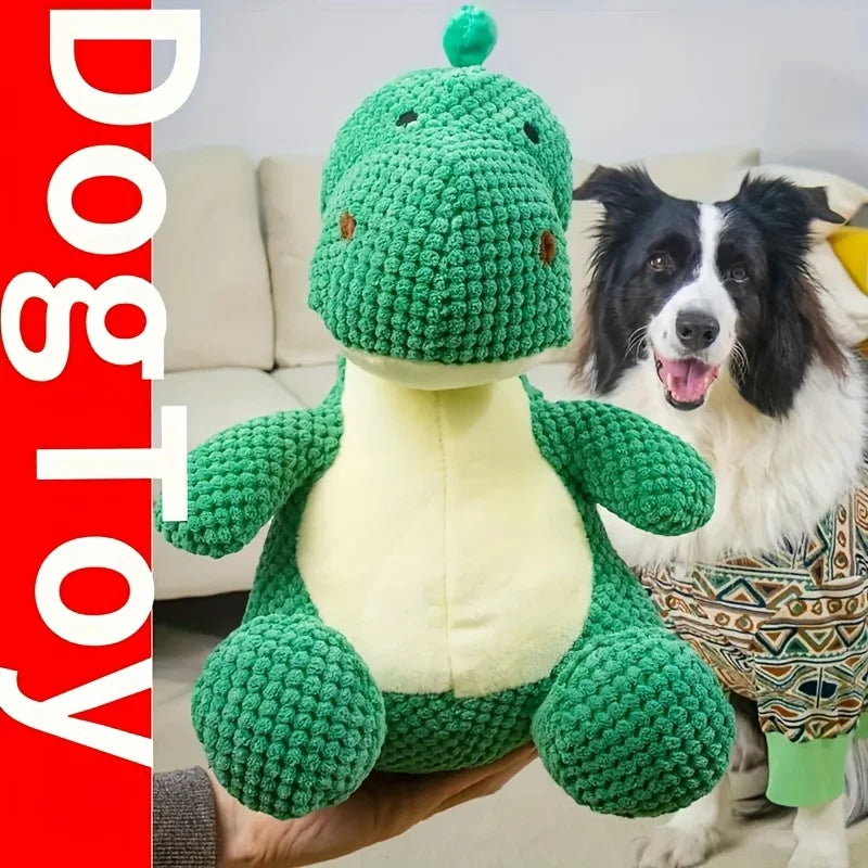 Green, Durable, Chewable Plush Dinosaur Dog Toy with Squeaks - An Interactive Pet Toy Suitable for Medium-Sized Dogs. Pi-Mart