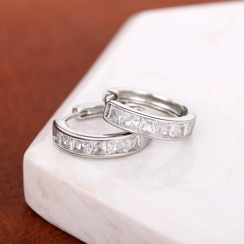 Huitan Hoop Earrings with Princess Cubic Zirconia Exquisite Ear Circle Earrings for Women Silver Color Fashion Versatile Jewelry Pi-Mart