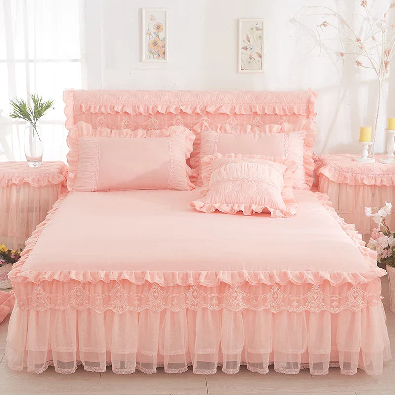 1 Piece Lace Bed Skirt +2pieces Pillowcases bedding set Princess Bedding Bedspreads sheet Bed For Girl bed Cover King/Queen size LadyShow.Store