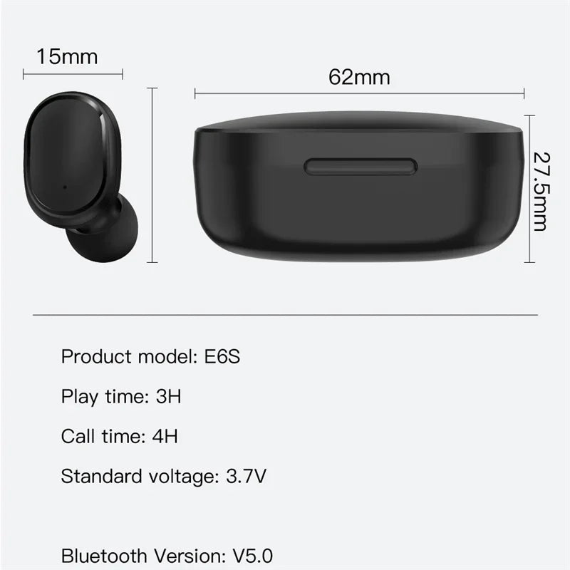 Digital Display Bluetooth Earphones with Mic TWS E6S Wireless Bluetooth Headset Noise Cancelling Headset for Xiaomi Huawei Oppo Pi-Mart