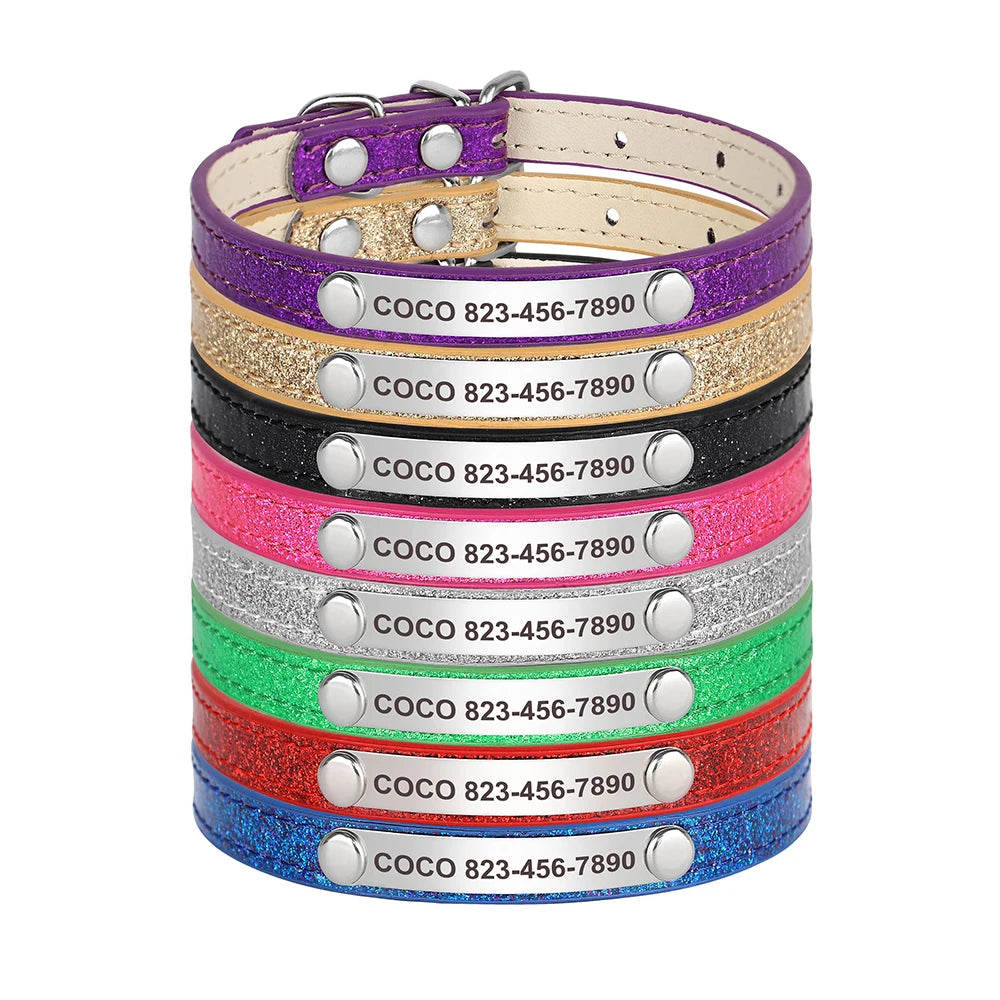 Personalized Cat Collar Custom Leather Cat Collars Free Engraved Puppy Kitten ID Necklace Bling Pet Collars for Small Dogs Cats Pi-Mart
