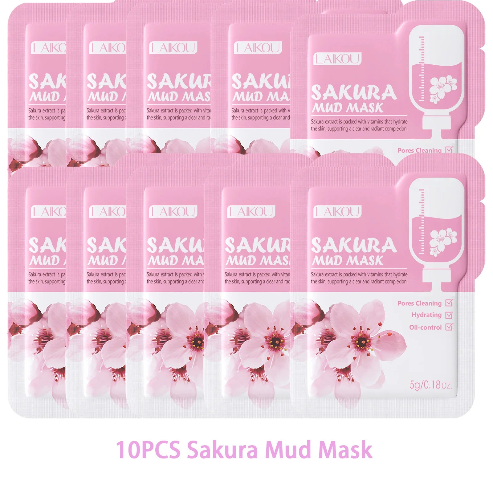 LAIKOU Japan Sakura Clay Mud Mask Hydrating Gentle Cleansing Refreshing Oil Balancing Daily Facial Skin Care Mask 5g Pi-Mart