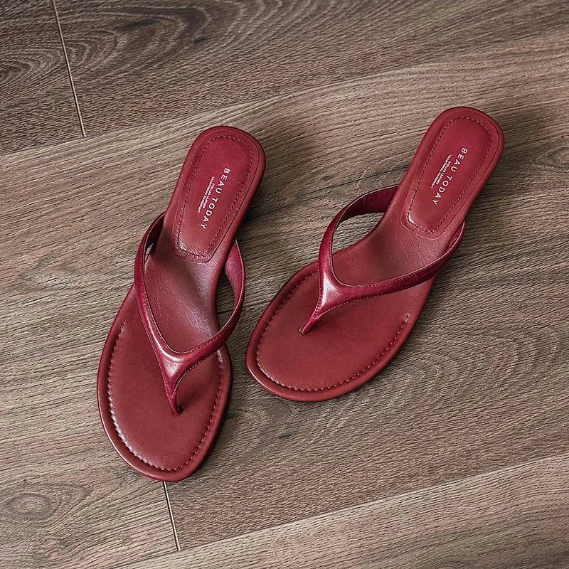 BEAUTODAY Casual Flip Flops Women Sheepskin Leather T-Strap Open Toe Solid Slippers Outdoors Ladies Elavated Retro Shoes 35139 LadyShow.Store